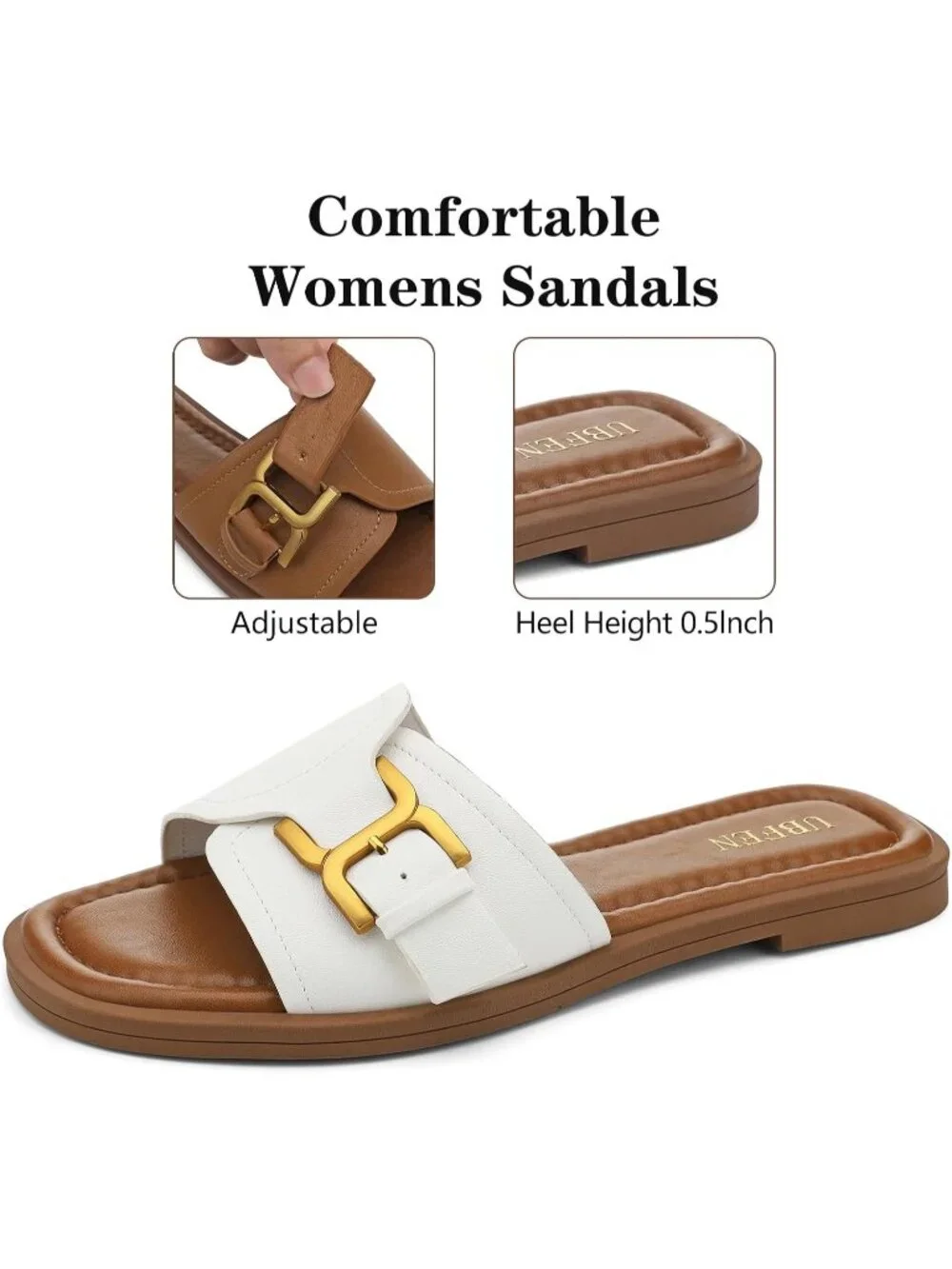 Women's White Brown Square Toe Flat Sandals Slides Dressy Comfortable for Casual